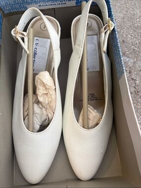 BCBG Cream Pointed-Toe Slingback Mules with Gold Buckle